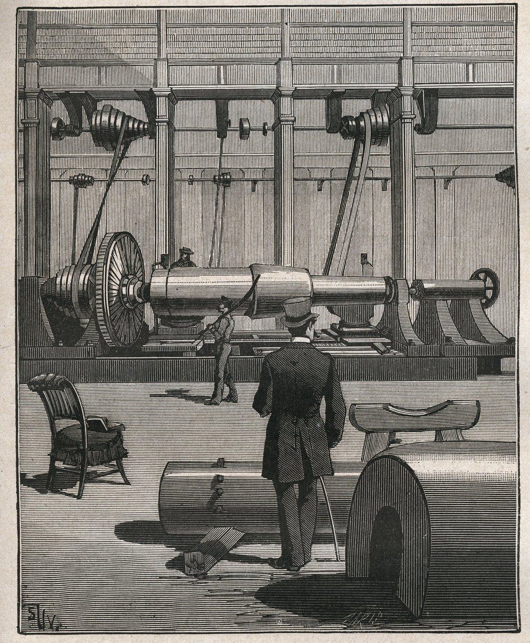 Kunsten at rejse: at skyde en stålmonsterkanon. Indgravering fra 1885 i "" Les arts et metiers illustres"" af Adolphe BITARD. af Unknown artist