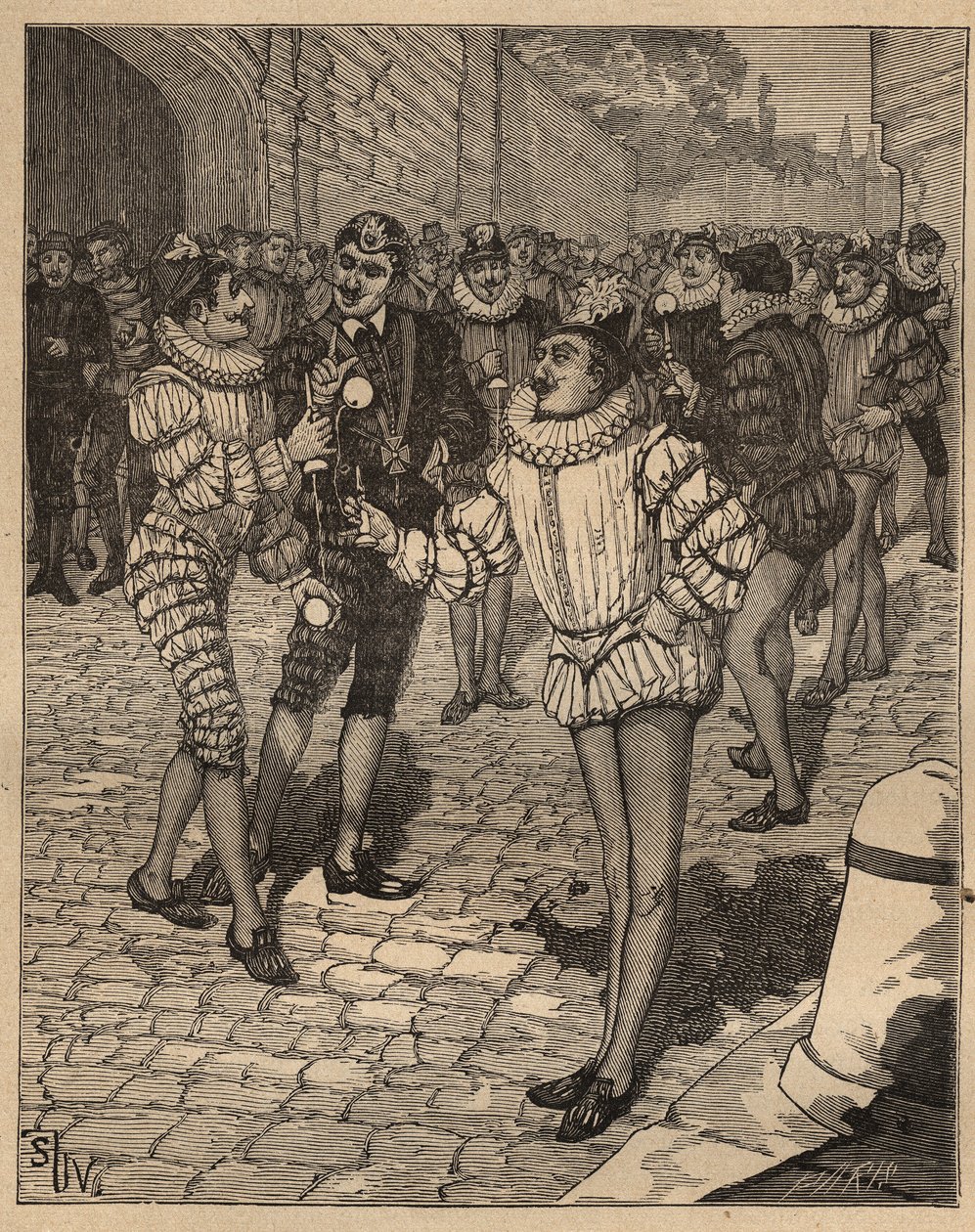 Turens kunst: bolden. Kong Henrik III (1551-1589) og hans nuttede spiller bilboquet på gaden. Indgravering fra 1885 i "" Les arts et metiers illustres"" af Adolphe BITARD. af Unknown artist