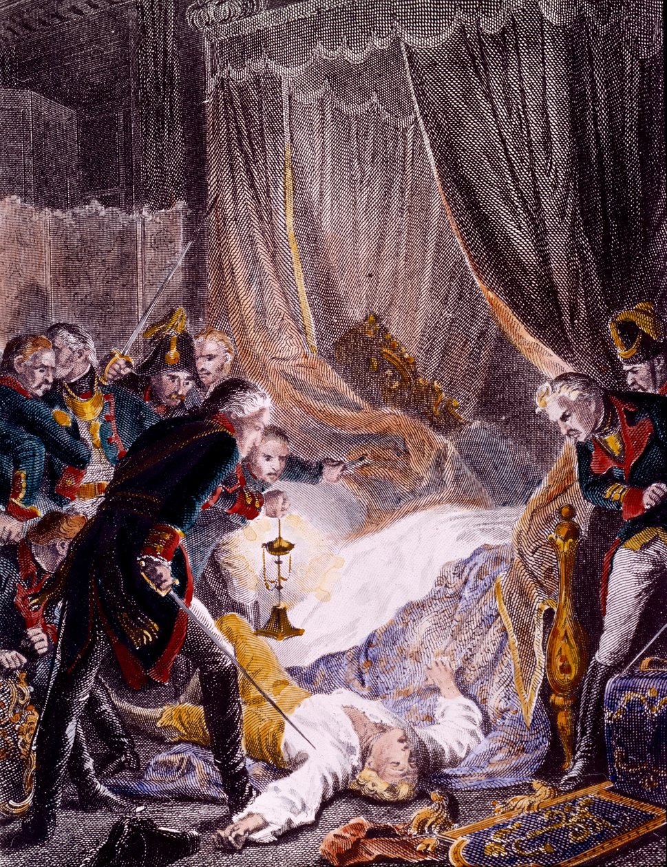 Mordet på Paul I Petrovich (1754-1801), russisk zar på sit værelse i Sankt Michaels palads efter at være blevet tvunget til at underskrive sin abdikation. Stik omkring 1801. Privat Samling af Unknown artist