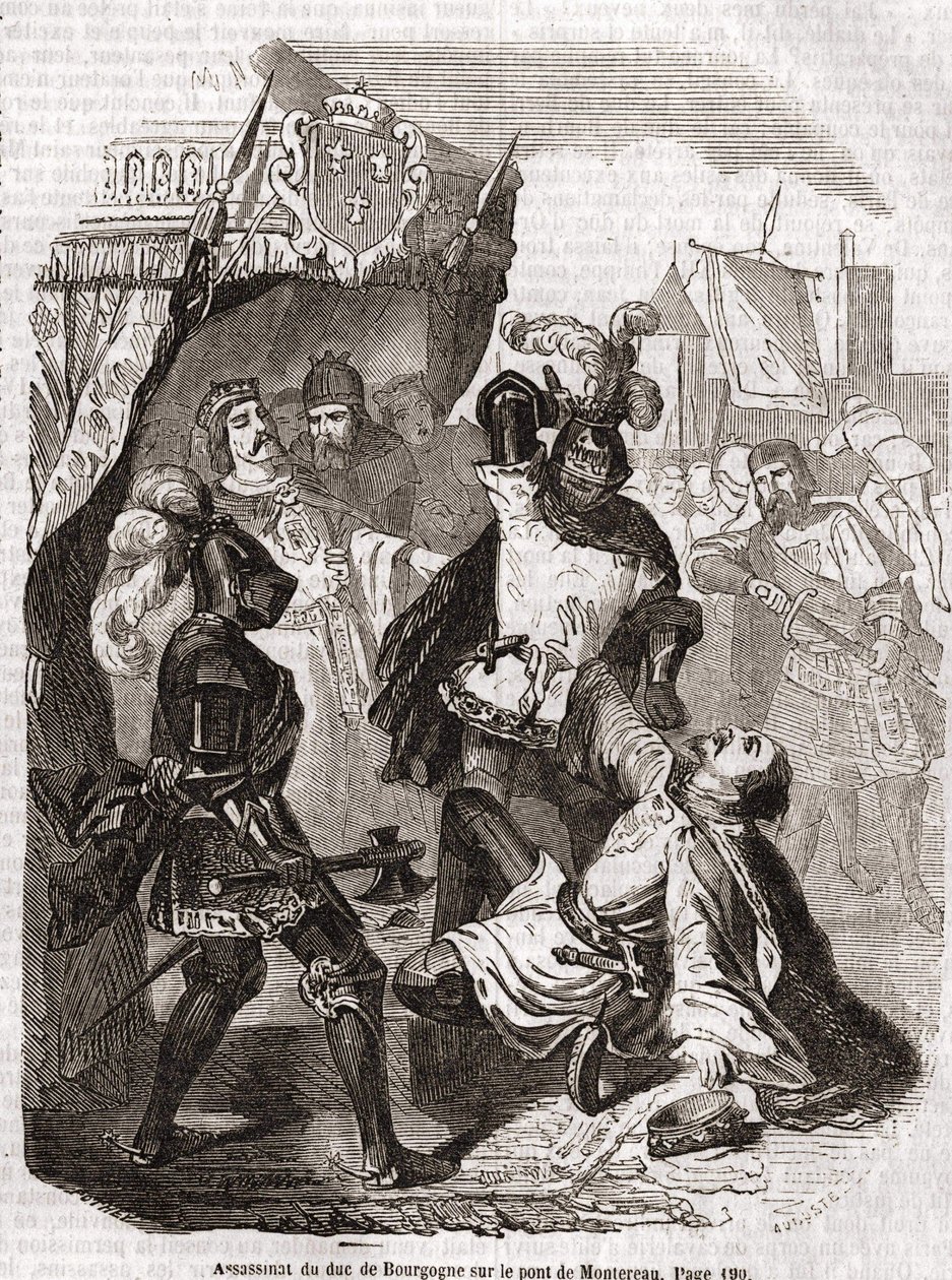 Mordet på hertugen af ​​Bourgogne (Jean sans Peur) på broen af ​​Montereau - i "Histoire de France"" af Anquetil, Paris af Unknown artist