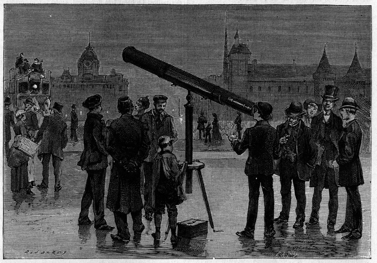 Astronomen og hans astronomiske bezel på Place du Chatelet, i Paris, på tidspunktet for observationerne af planeten Venus, i februar 1889. Indgravering i "" La Nature. Revue des sciences et de ses applications aux arts et a l