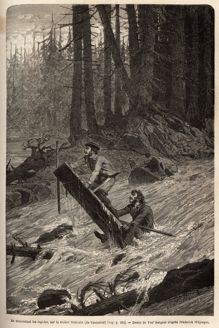 Forfatteren og hans rejsende, Mcdonald, går ned af strømfaldene på Nittinaht-floden (Vancouver Island) på en midlertidig tømmerflåde. Gravering for at illustrere rejsen og eventyrene i engelsk Colombia, Vancouver Island og Alaska, af Frederick Whymper af Unknown artist