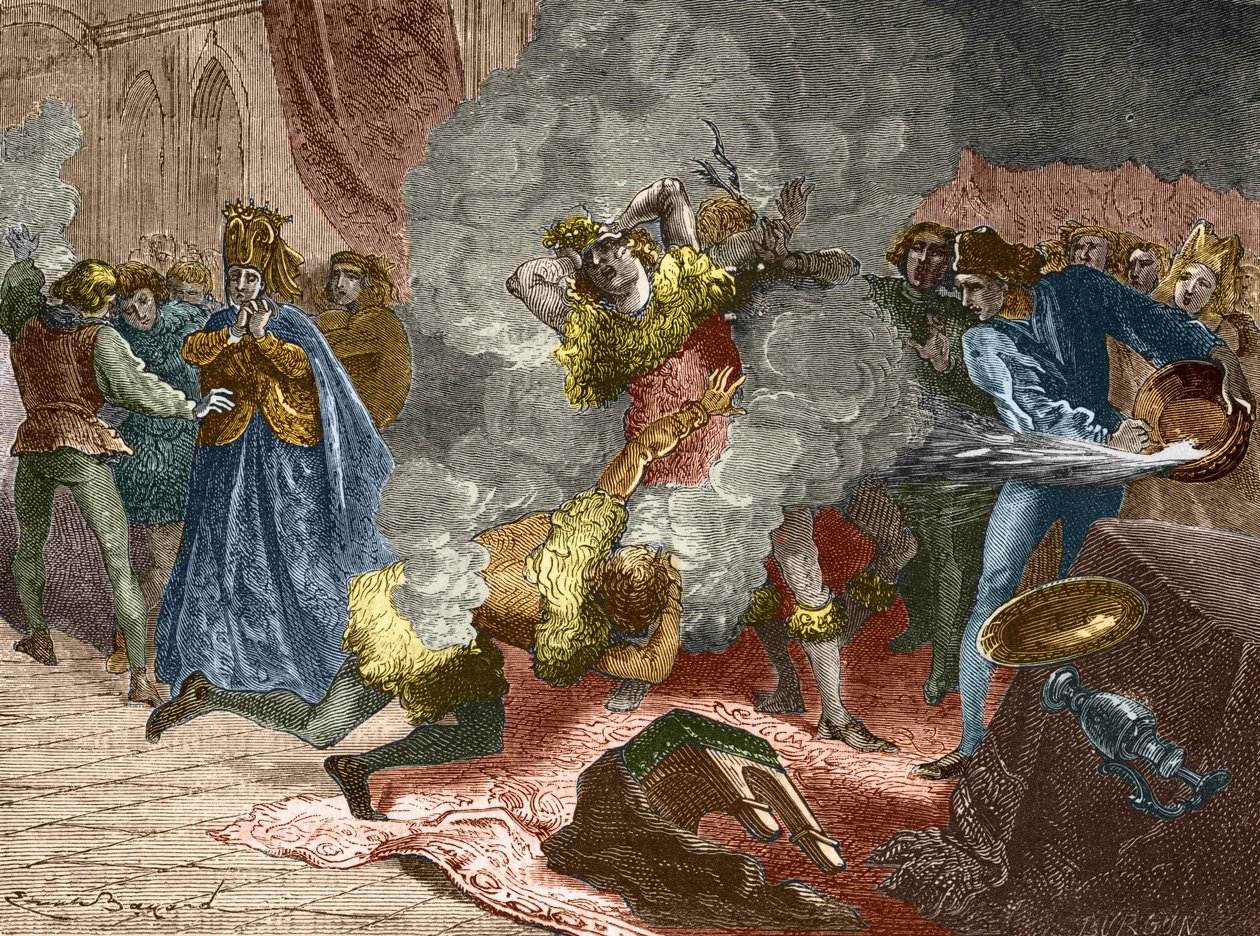 De glødende bold eller de vilde: i anledning af brylluppet af en dame af Isabeau (Isabella, Elizabeth) fra Bayern den 28. januar 1393, forklædte kongen sig og lænkede sig til fire andre hoffolk. Hans bror, hertugen af Orlé af Unknown artist