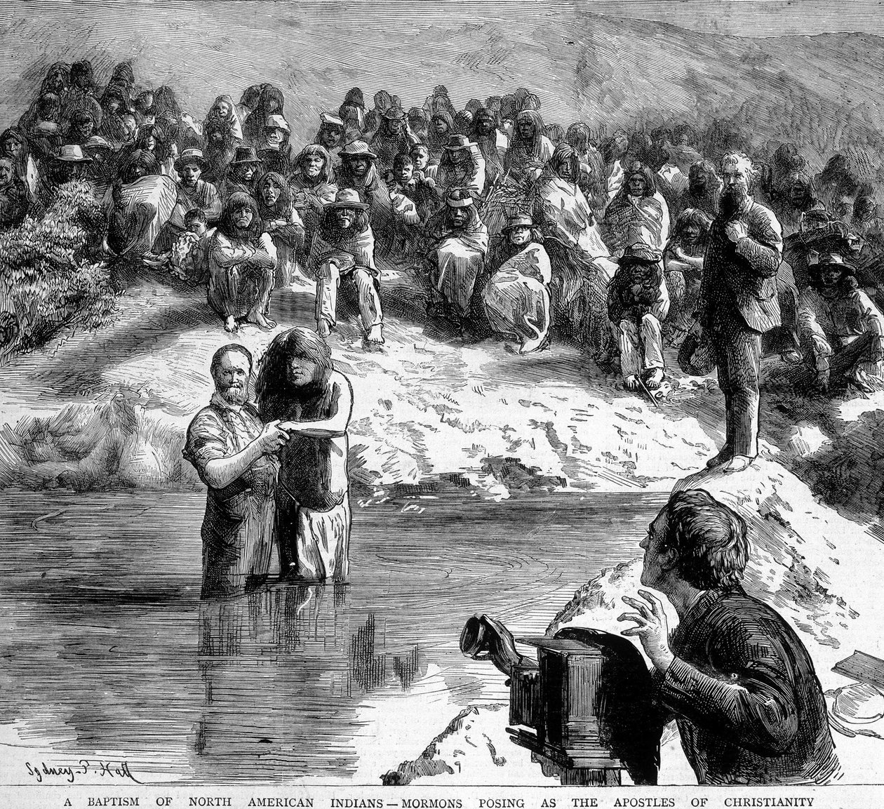 Dåben i Nordamerika af en indier af en mormon, der poserer foran kameraet som kristendommens apoters. Illustration af det 19. århundrede. af Unknown artist