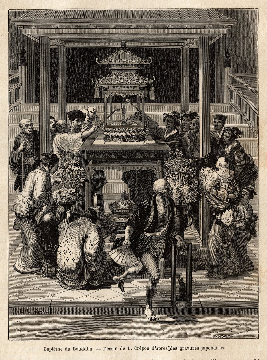 Dåben af Buddha, en årlig fest, der finder sted den 8. dag i den 4. måned, vander tilhængerne bronzestatuen af Buddha, der er udsat til lejligheden foran templerne. Gravering til illustration af rejsen til Japan, af Aime Humbert, min af Unknown artist