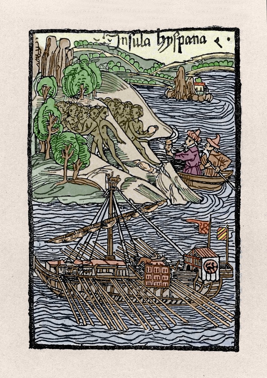 Barken ved Hispaniola af Christopher Columbus (1451-1506). Indgravering fra “” De insulis in mare Indico super inventis””, Bale 1493-1494 (latinsk oversættelse af Columbus