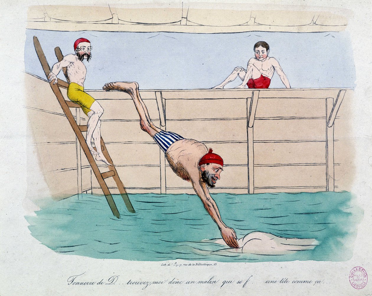 Badet: karikatur af offentlige bade (svømmebassiner) i Paris - 1800-tallet, Carnavalet. af Unknown artist