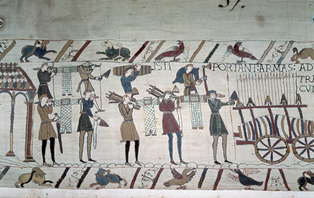 Kampen mellem de engelske infanterister (Harolds tropper) og normannerne til hest (Guillaumes tropper) - Bayeux-tapet, kendt som Broderi af Dronning Mathilde af Unknown artist