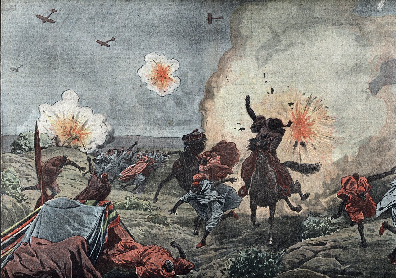 Begyndelsen på krigsflyvningen: Den franske hærs militærflyvere spreder oprørerne Riata omkring Taza i Marokko med bomber, juli 1914 (begyndelsen på krigsflyvningen og de første bombeangreb, franske flyvere bomber marokkanske oprørere i området omkring af Unknown Artist