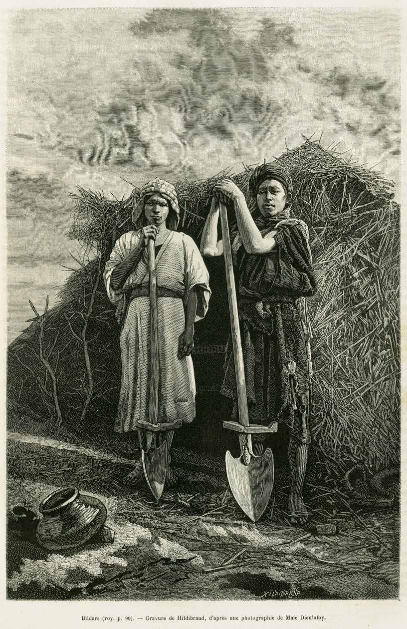 Bildarerne, ejere af en beche, er sigtet for at grave afløbet fra hvedemarkerne i Karoun-regionen. Gravering til illustration af historien La Perse, la Chaldee et la Susiane af Jane Delafoy (1851-1916), akademiofficer, i le tour du monde 1886, dir. af Unknown artist