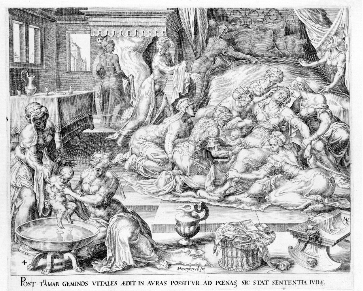 Thamars fødsel. 1600-tals gravering af Antonio Blocklaus. af Unknown artist