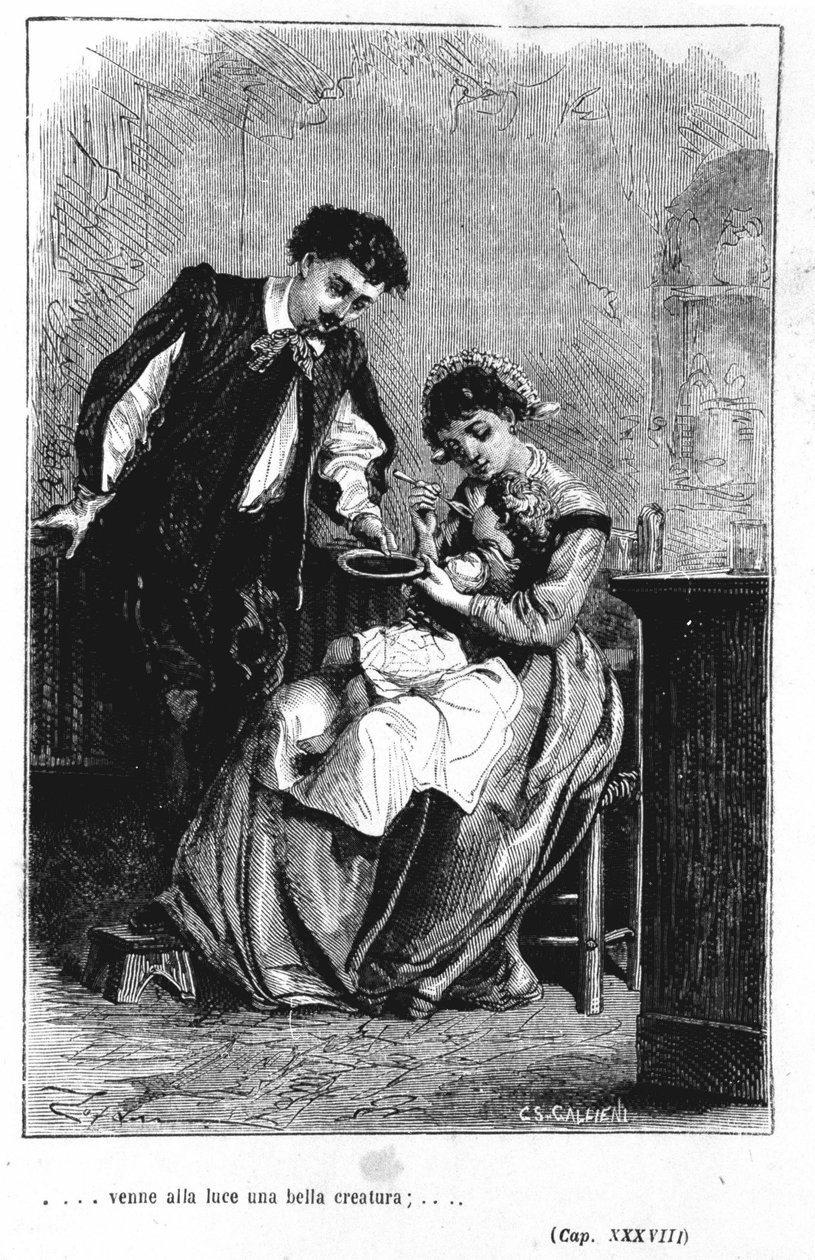Fødslen af ​​Renzos og Lucias søn - i "" Forloverne"" (I Promised Sposi) af Manzoni af Unknown artist