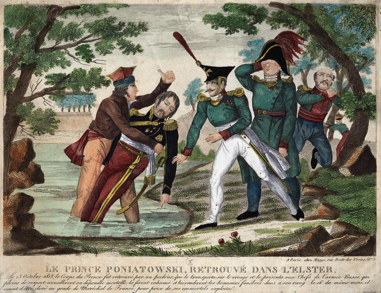 Liget af prins Joseph (Jozef) Antoni Poniatowski (gjort 1763) fundet i Eelster-floden den 23. oktober 1813, gravering af tiden af Unknown artist