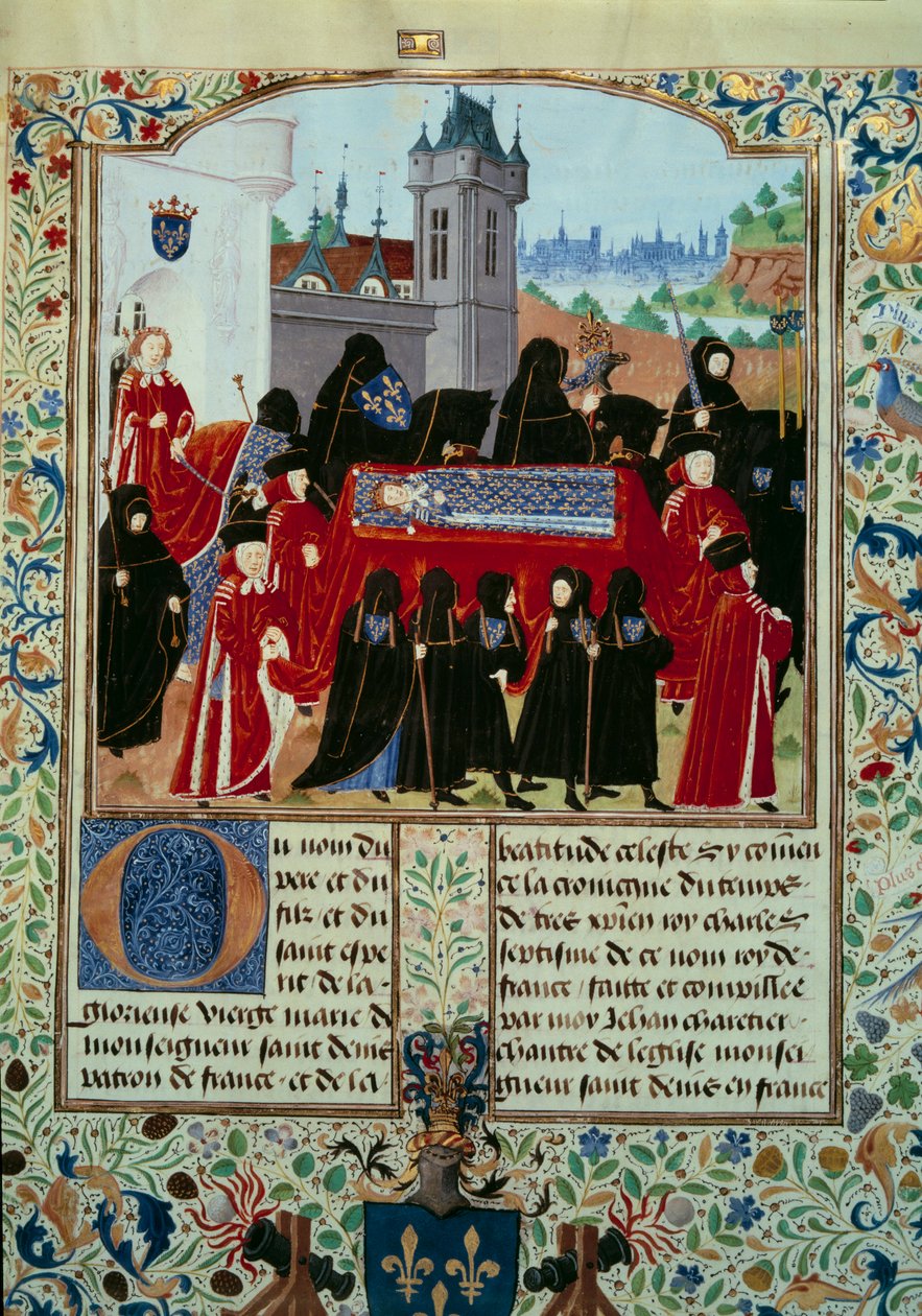 Liget af den afdøde kong Charles VI (1368-1422) bliver båret væk, bag processionen den nye kong Charles VII (1403-1461) miniaturen 22/10/1422 fra manuskriptet "" Chronicles of Charles VII"" (Ms. . fr. 2691) af Jean Chartier af Unknown artist