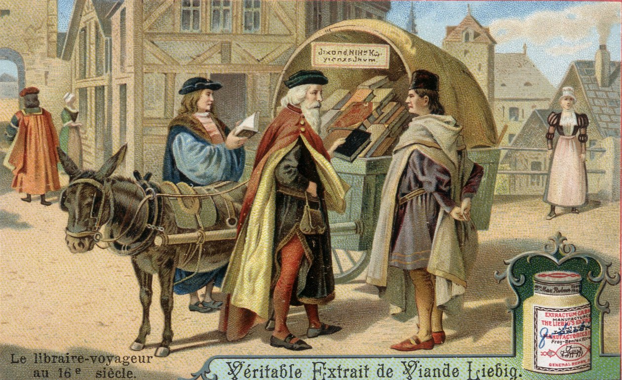 Boghandleren og hans omrejsende boghandel i 1500-tallet. Kromolitografi, Liebig-billede. af Unknown artist