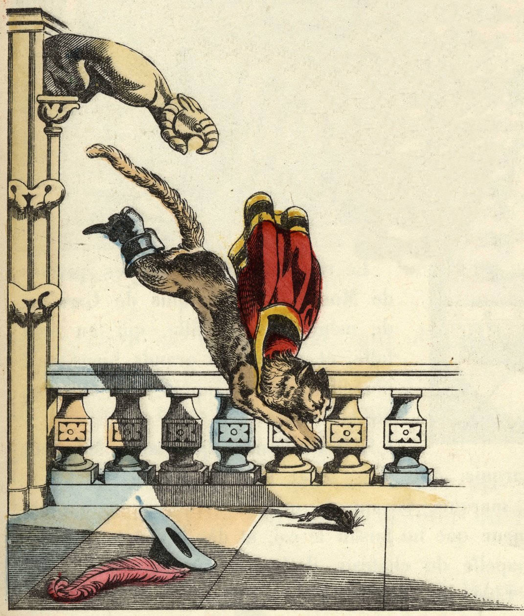 Støvlekatten, der har bedt trolden om at blive til en mus, springer for at fortære den. Illustration af Charles Perraults fortælling "Le chat botte" af Unknown artist
