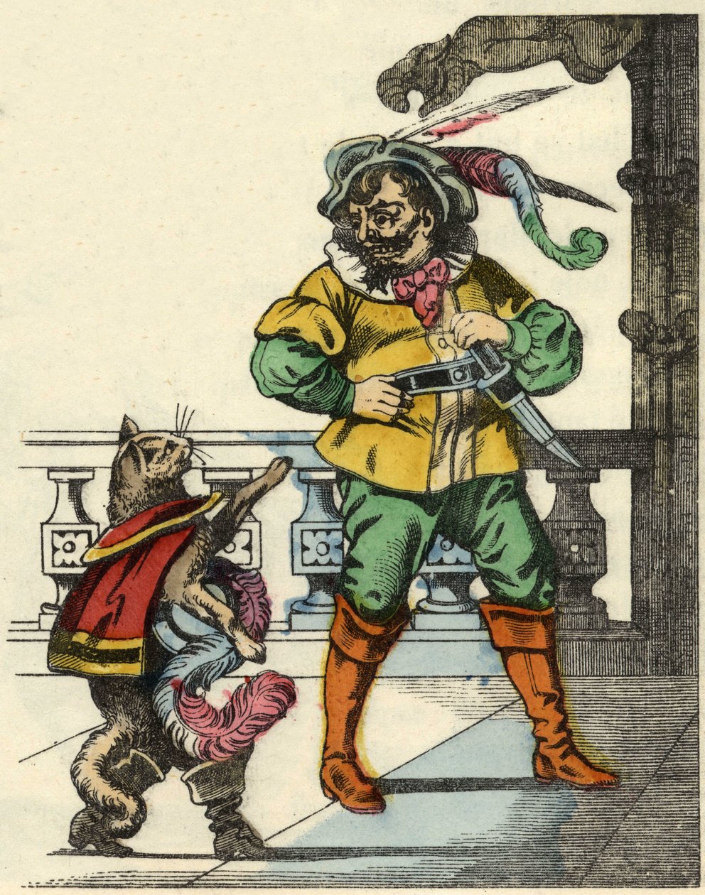 Støvlekatten møder trolden. Illustration af fortællingen "The cat botte" af Charles Perrault af Unknown artist