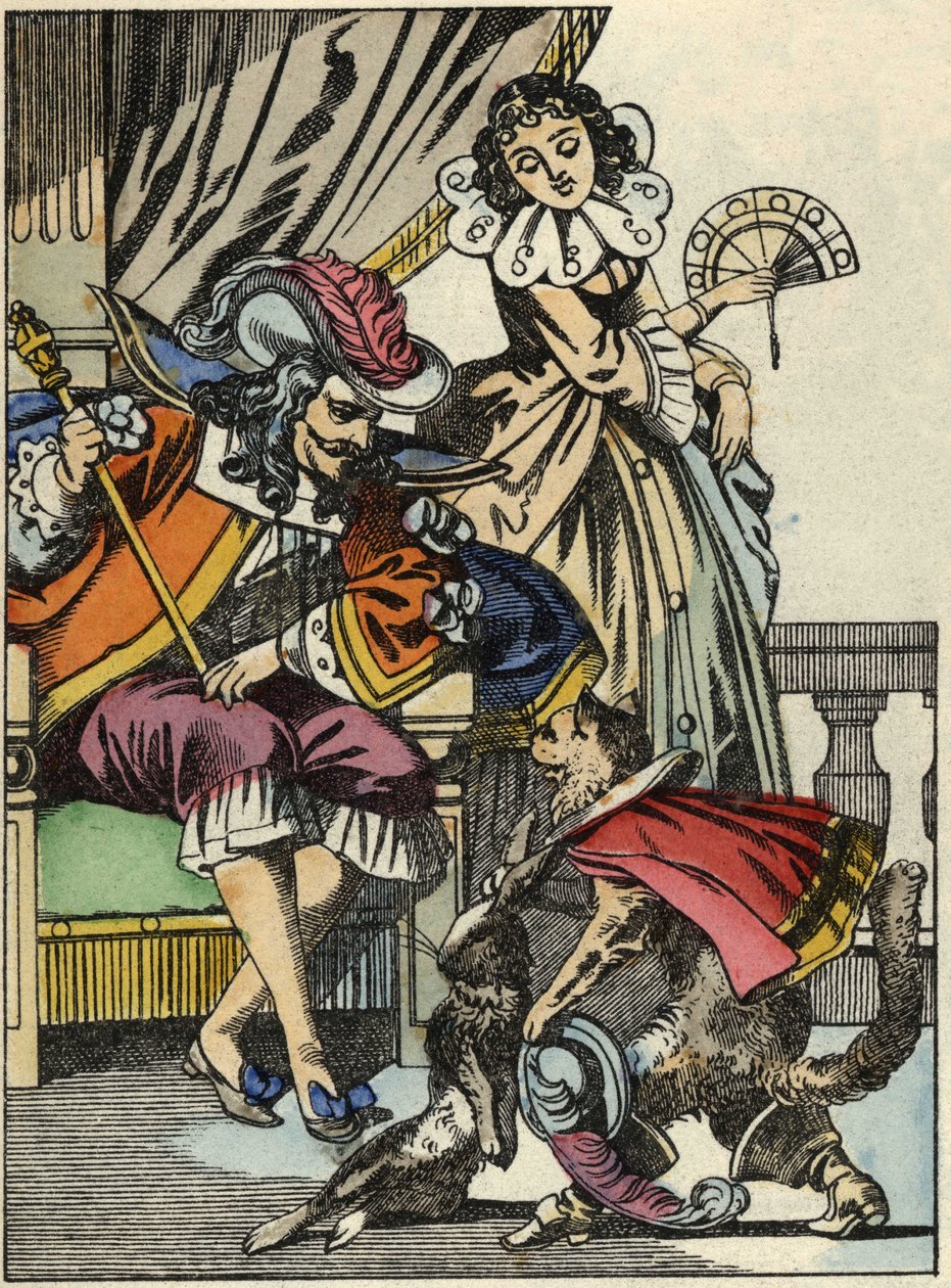 Støvlekatten tilbyder kaninen til kongen fra sin herre, Marquis de Carabas. Illustration af fortællingen "The cat botte" af Charles Perrault af Unknown artist