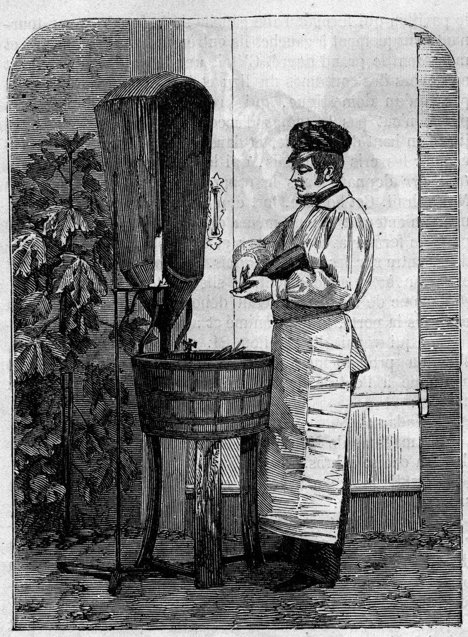 Aftapning af champagnevin. Stik fra 1864. af Unknown artist