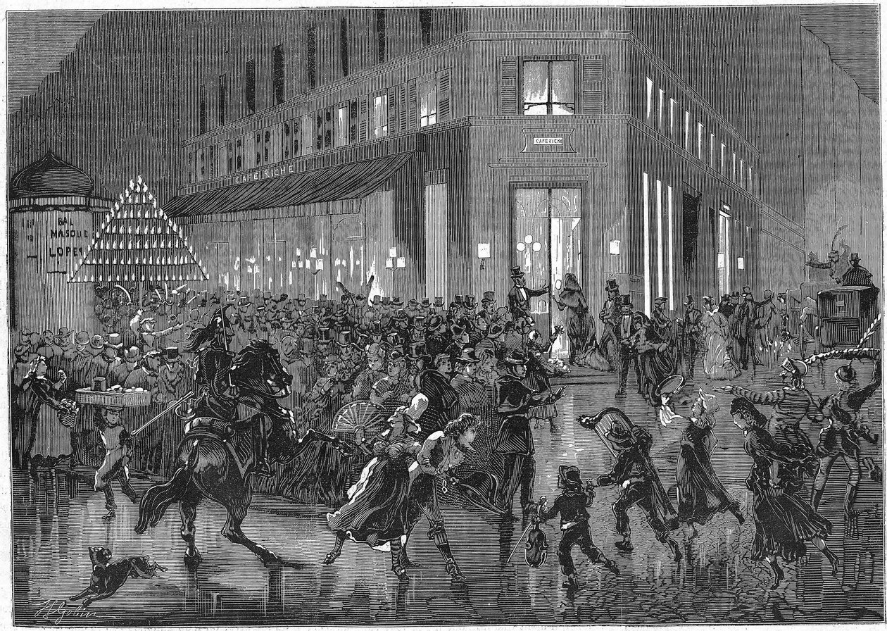 Italienernes boulevard i Paris en aften med Bal i operaen. stik fra 1873 af Unknown artist
