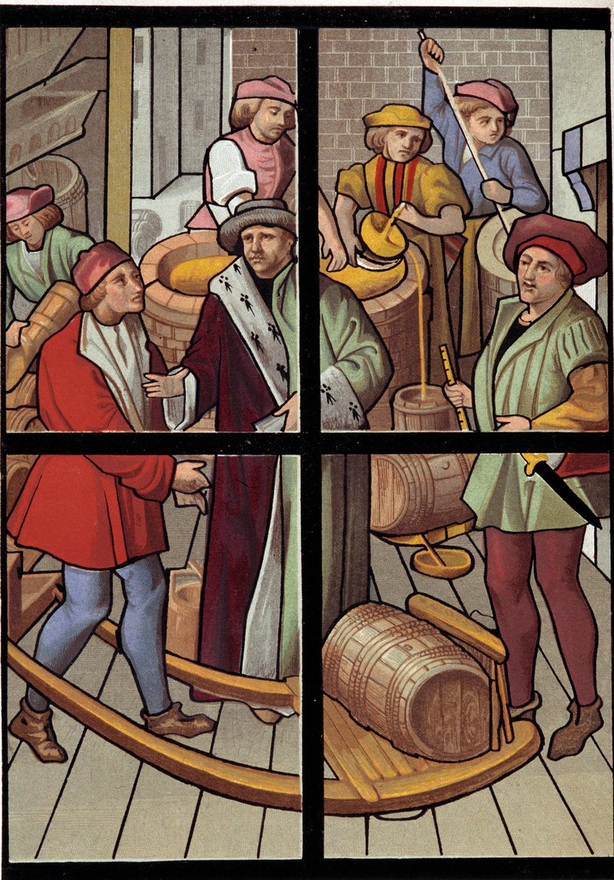Bryggerne. Litografi fra et farvet glasvindue i katedralen i Tournai fra det 15. århundrede. 19. århundrede. Paris, dekorativ kunst af Unknown artist