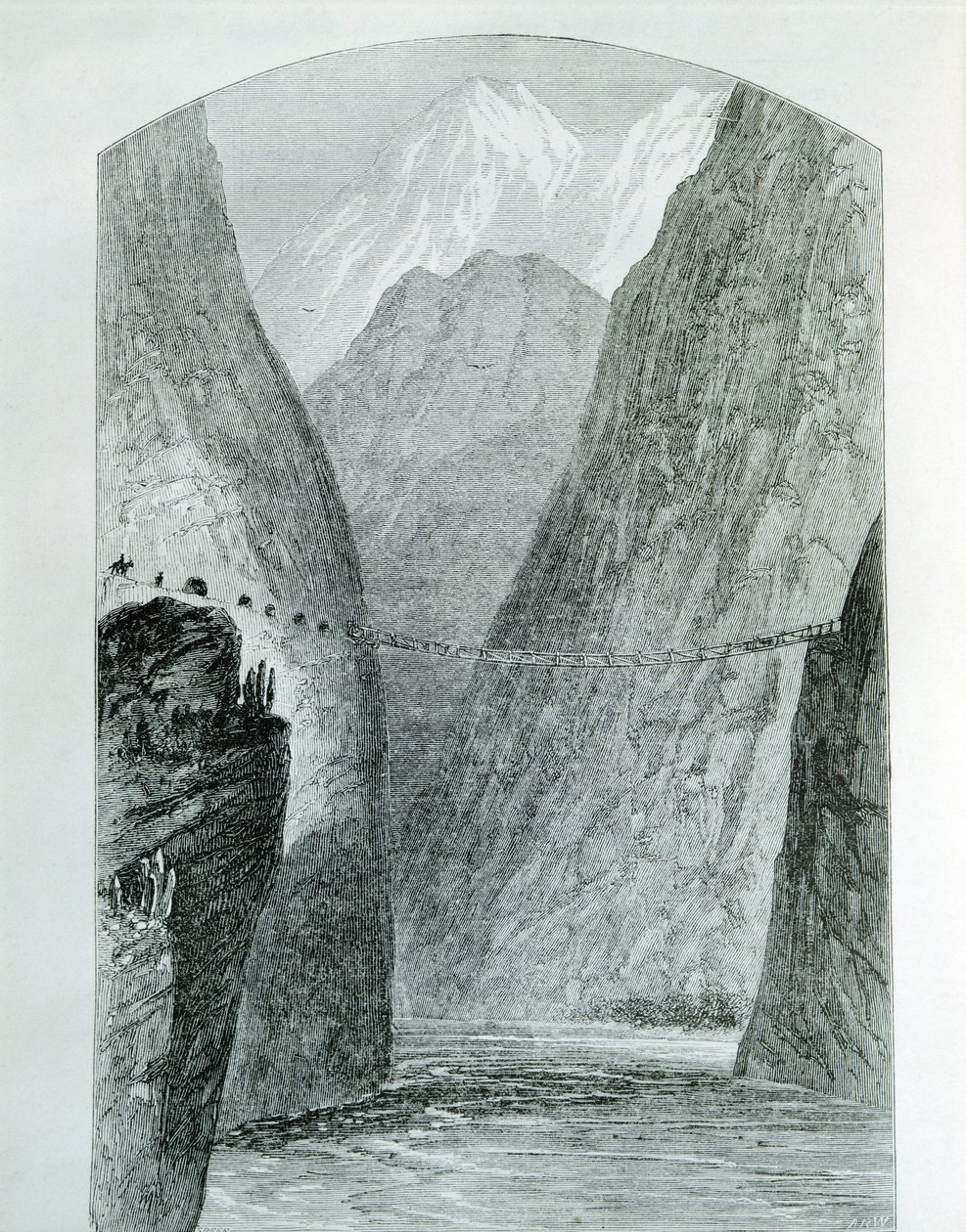 Broen over Apurimac-floden, gravering. Peru af Unknown artist