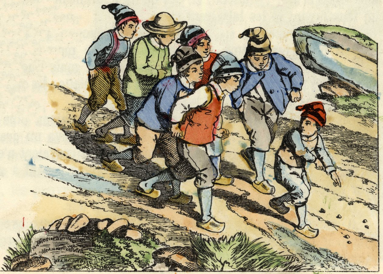 Brødrene følger den Lille Poulet, der såede hvide småsten på vejen. Illustration af fortællingen "" Le Petit Poucet"" af Charles Perrault af Unknown artist
