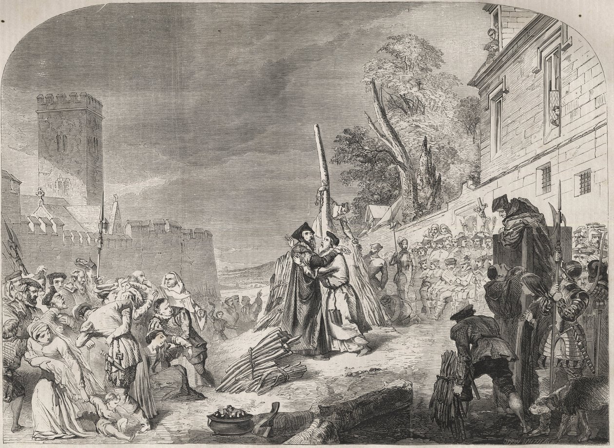 Afbrændingen af biskopperne Nicholas Ridley og Hugh Latimer på bålet nær porten til Balliol College, Oxford, England af Unknown artist