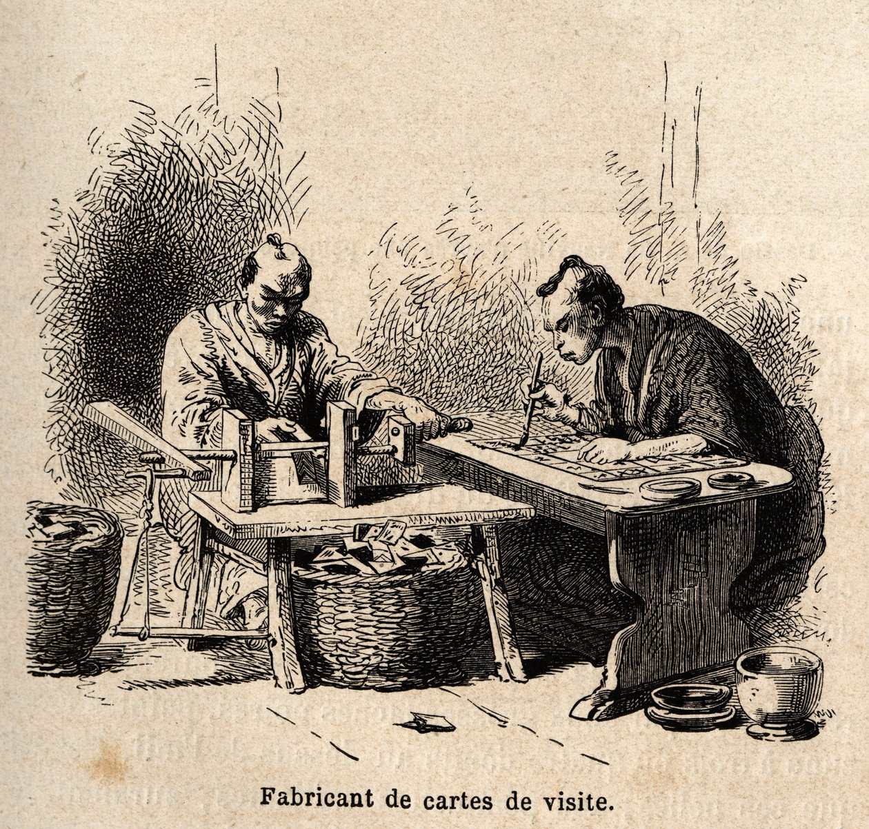 Visitkortproducenten. Indgravering til illustration af rejsen til Japan i 1863-1864 af Aime Humbert, minister for Det Schweiziske Forbund, i "Le tour du monde, nouveau journal des voyages", udgivet under ledelse af Edouard Charton af Unknown artist