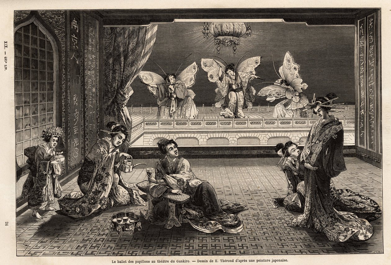 Sommerfugleballetten i Gankiro Theatre, i Miyozaki Pleasure District i Yokohama. Gravering til illustration af rejsen til Japan af Aime Humbert, minister for det schweiziske forbund, i 1863-1864, udgivet i "" le tour du monde"", under den dystre af Unknown artist