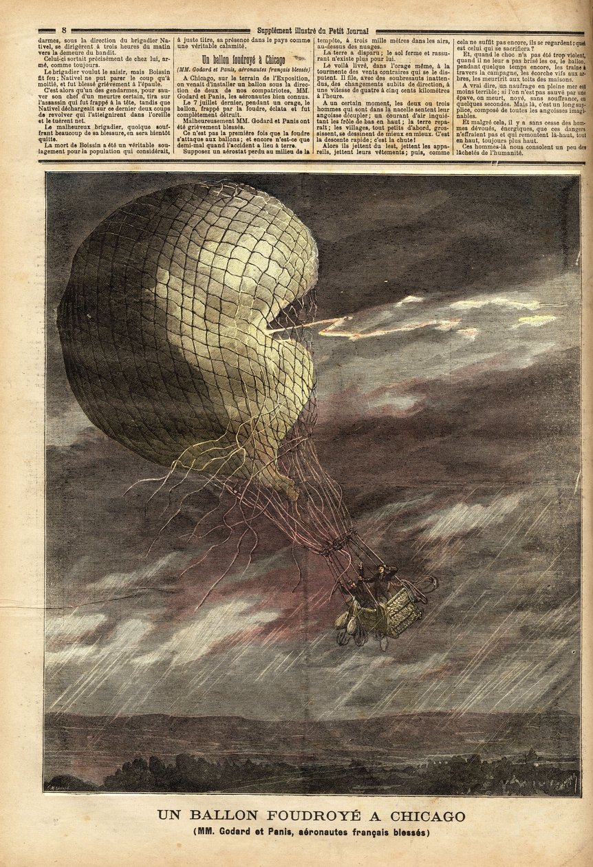 Den fangede ballon (fangeballon) af de franske herrer Godard og Panis, offer for en ulykke forårsaget af stormen den 7. juli, på jorden til verdensudstillingen i Chicago, i fuld flyvning, ballonen blev ramt og ramt, hvilket gjorde ondt to flyvere gr af Unknown artist