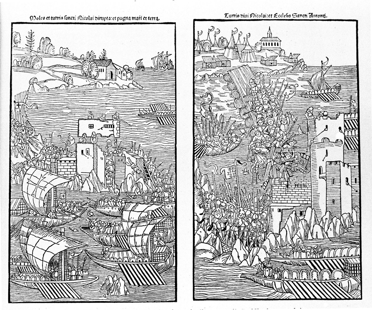 Tyrkernes erobring af Rhodos i 1522. Tyrkerne angriber fæstningen St. Nicholas. Xylografi. af Unknown artist