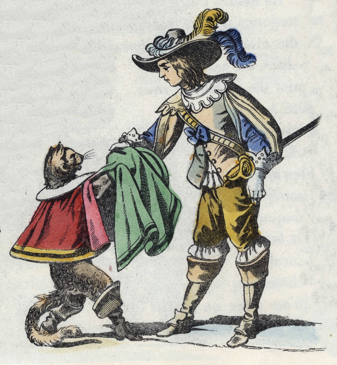Katten og hans herre, markisen af Carabas. Illustration af fortællingen "The cat botte" af Charles Perrault af Unknown artist