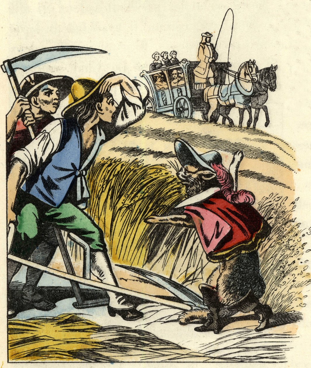 Katten tvinger bønderne til at sige, at marken, hvor de slår hveden, tilhører Marquis de Carabas. Illustration af fortællingen "The cat botte" af Charles Perrault af Unknown artist