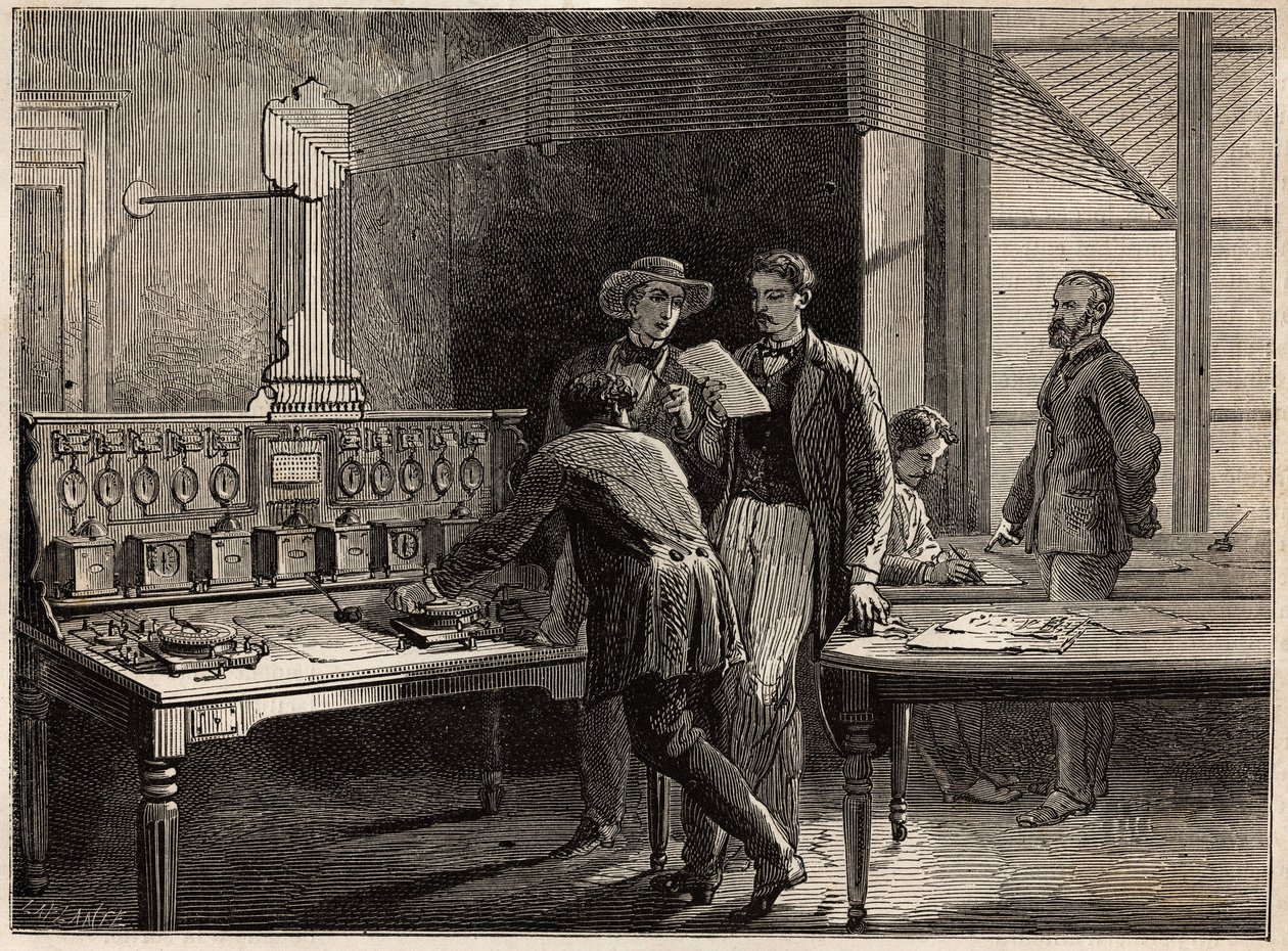 Den centrale telegrafstation på Creusot-fabrikken. Gravering til illustration af en rejse til Creusot og minerne i Saone og Loire, i 1865, af L. Simonin, i "" Le tour du monde, nouveau journal des voyages"" udgivet under ledelse af Edouard C af Unknown artist