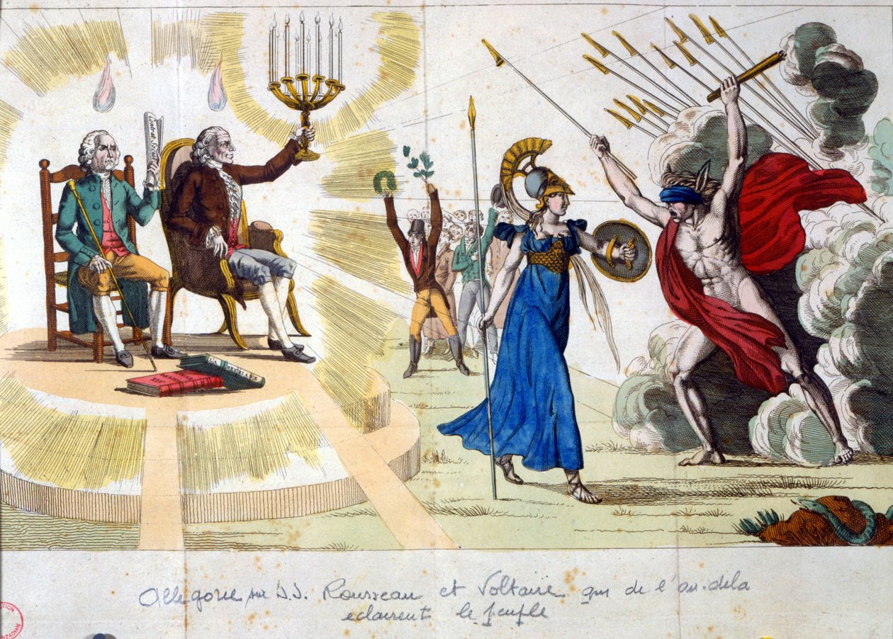 Lumieres århundrede: filosofferne Jean Jacques Rousseau og Voltaire, fra fortiden til fortiden, oplyser folket - allegori af Unknown artist