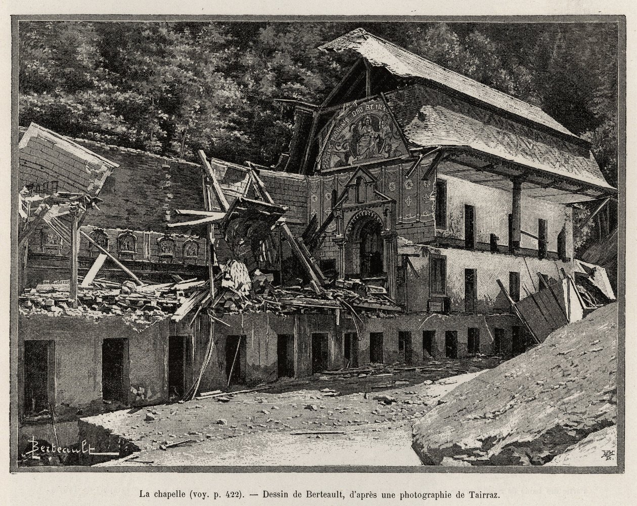 Kapellet ødelagt af overløbet af Arve. Berteault-gravering for at illustrere historien "La catastrophe de Saint Gervais les Bains"" af Unknown artist