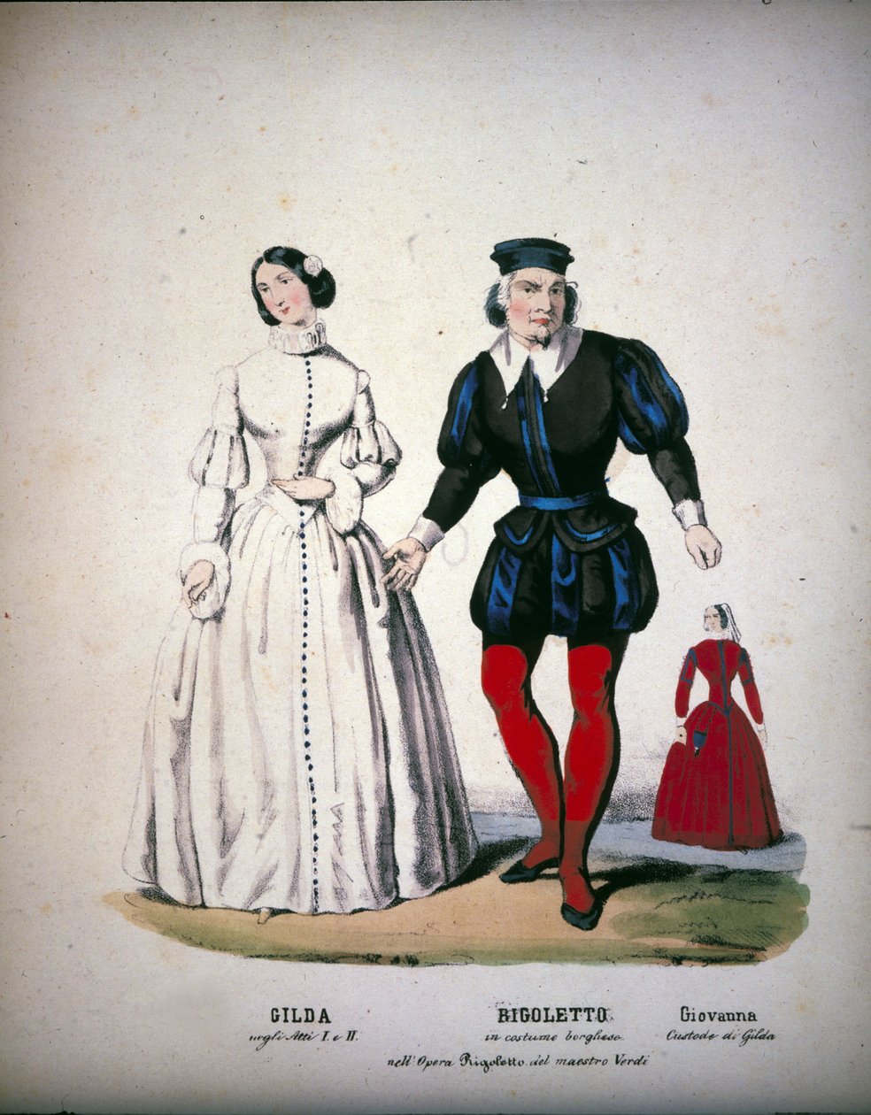 Karaktererne af Gilda, Rigoletto og Giovanna i tredje akt af operaen "" Rigoletto"" af den italienske komponist Giuseppe Verdi (1813-1901) af Unknown artist
