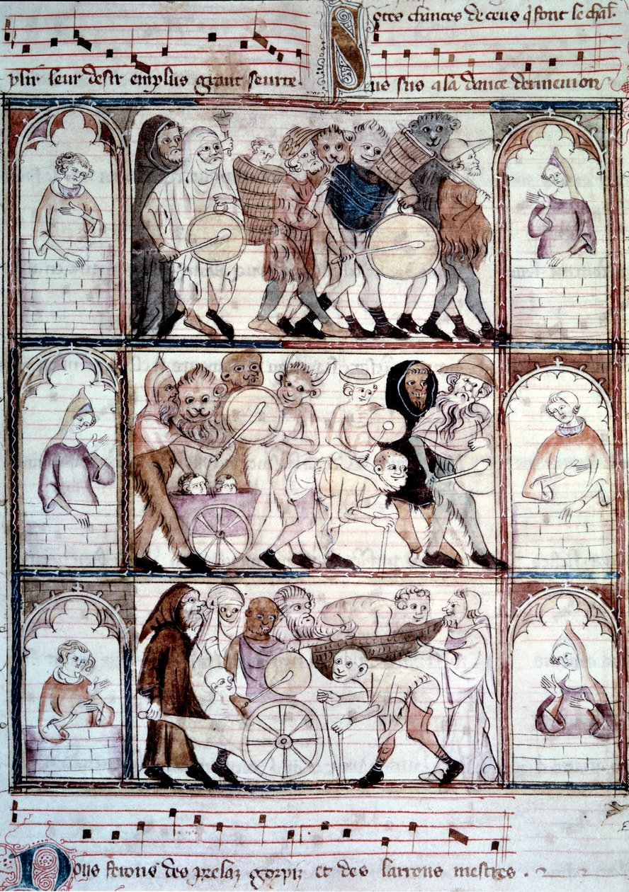 Charivari-festen til Fauvels bryllup. Procession af musikere og transvestitter. Miniature fra manuskriptet "Le roman de fauvel" af Gervais du Bus (Gerves du Bus) af Unknown artist