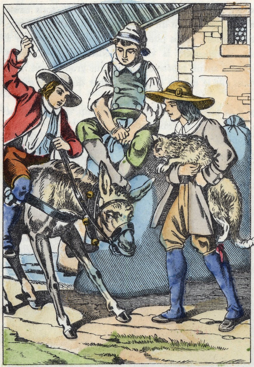 Børnene af føreren, der netop døde, deler hans ejendom: æsel, mølle og kat. Illustration af fortællingen "The cat botte" af Charles Perrault af Unknown artist