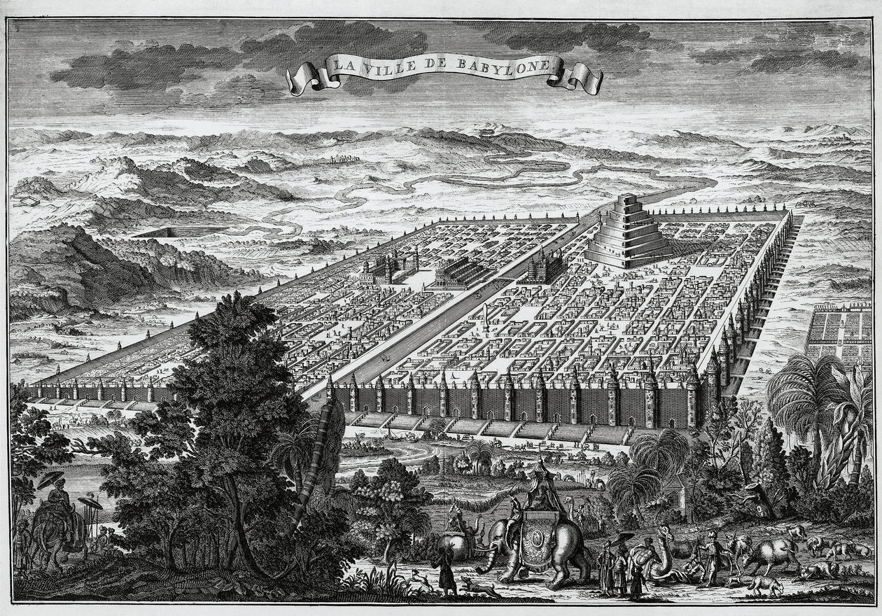 Babylons bymure omkranser de hængende haver og Babels tårn - af Unknown artist