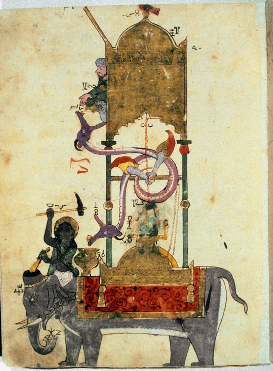 Klepsydraen har elefanten Dette er en middelalderlig muslimsk opfindelse bestående af et elefantformet vandur designet af den tyrkiske ingeniør Ibn al-Rajjaj al-Jazari (Al Rajjaj Al Jazari) (1136-1206) omkring 1200. Opfindelse designet af den tyrkiske moto af Unknown artist