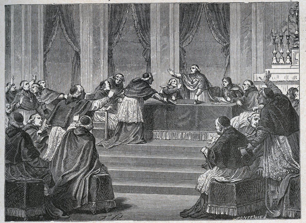 Præsten fra Frankrig og Italien mødtes i Paris til forsamlingen af det franske nationalråd den 9. juni 1811 under formandskab af kardinal Fesch (1763 - 1839). af Unknown artist