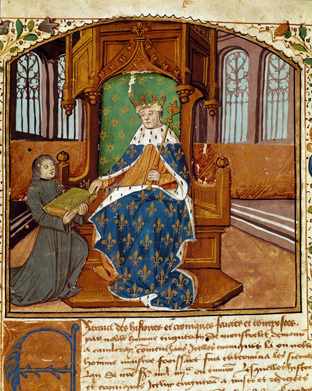 Klummeskribenten Enguerrand de Monstrelet (1400-1453) donerer sin bog til kong Charles VII (1403-1467) Miniature fra "Chronicles d