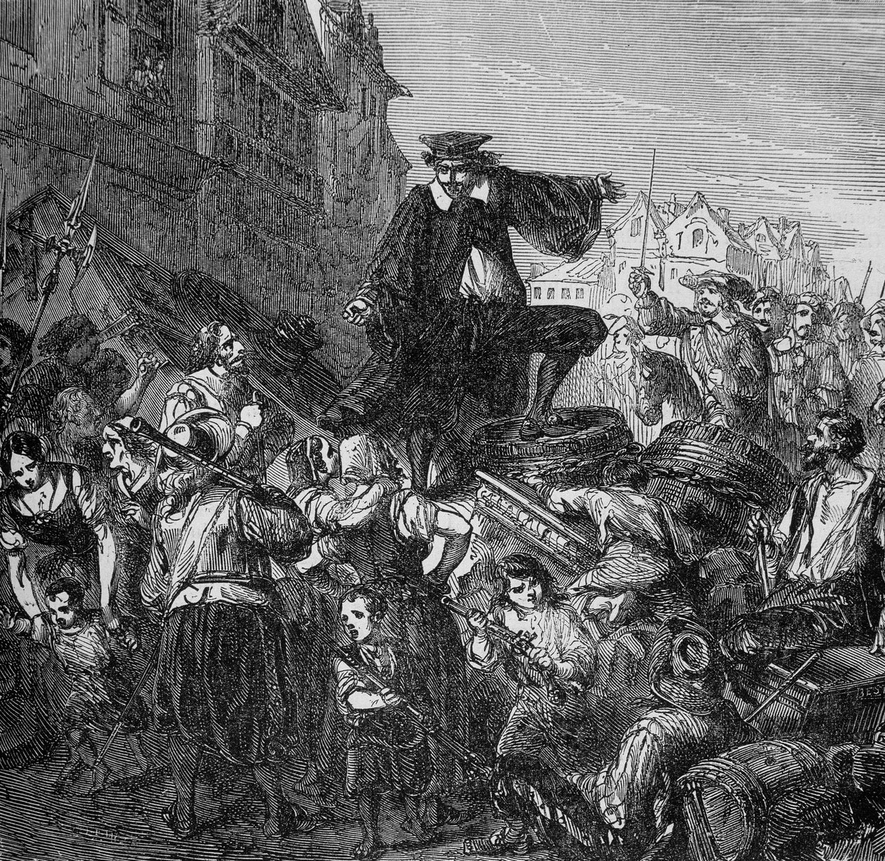 Kommandøren for garnisonen blev dræbt på barrikaderne i Paris (begyndelsen af fronde) i "Histoire des Popes, Rois, Queens, kejsere gennem århundrederne" af Lachartre, SD fra det 19. århundrede af Unknown artist