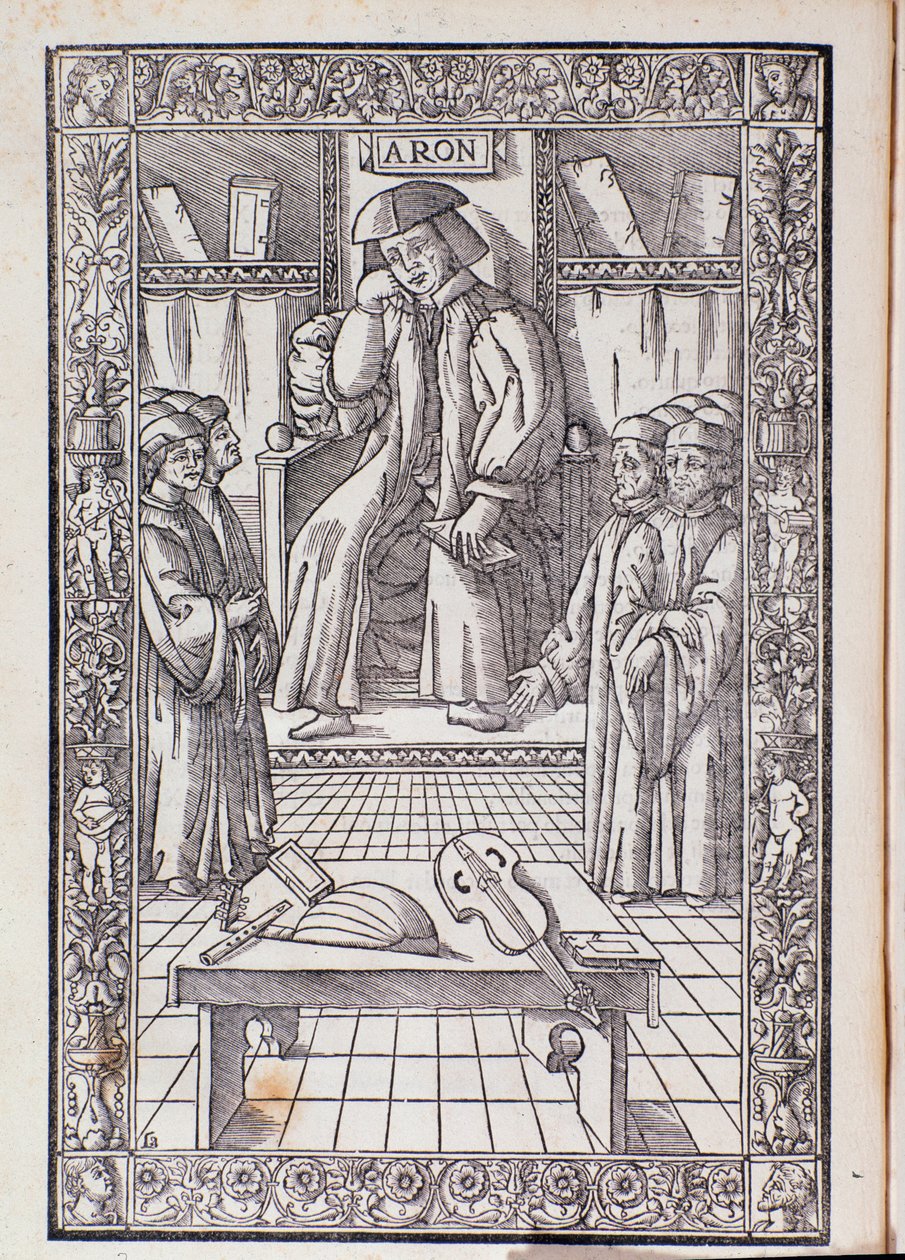 Komponisten og musikteoretikeren Pietro Aaron som formand blandt sine elever. Illustration fra Toscanello i musica af Unknown artist