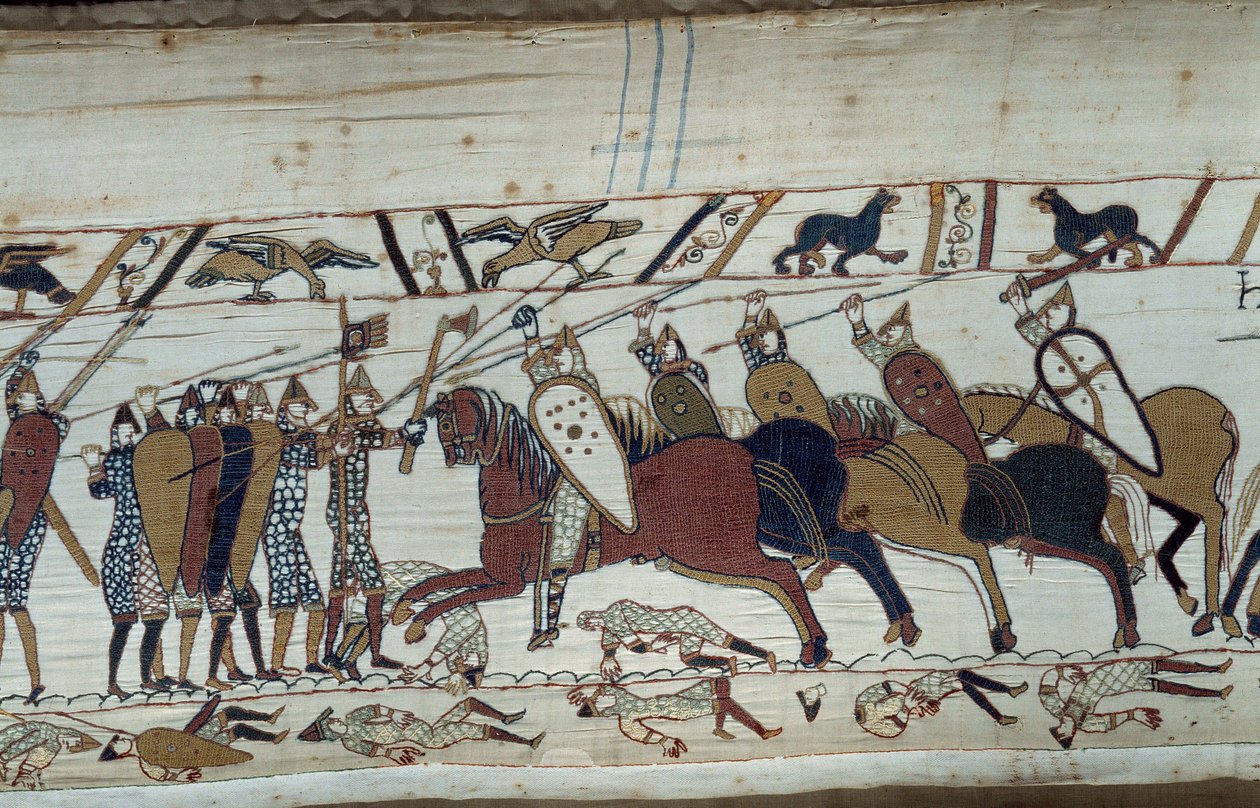 Erobringen af England af hertugen af Normandiet Vilhelm Erobreren (1027-1087) i 1066: scene for slaget ved Hastings, der modsatte det normanniske infanteri til det saksiske kavaleri Detalje af Bayeux-tapetet eller broderi af dronning Mathilde af Unknown artist