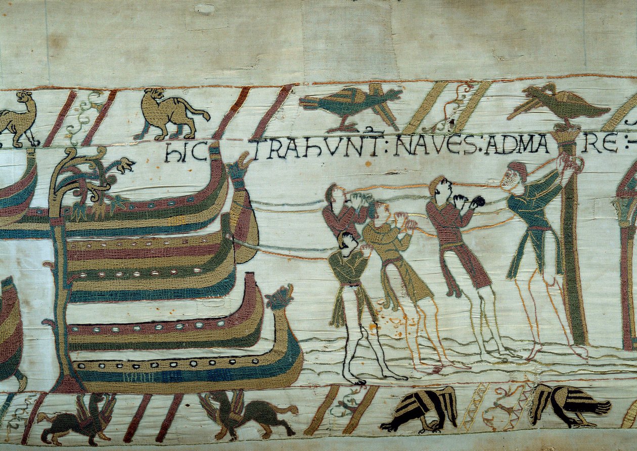 Erobringen af England af hæren af hertugen af Normandiet Vilhelm Erobreren (1027-1087): knapt byggede skibe sættes til søs Detalje af Bayeux-tapetet eller Broderi af Dronning Mathilde af Unknown artist
