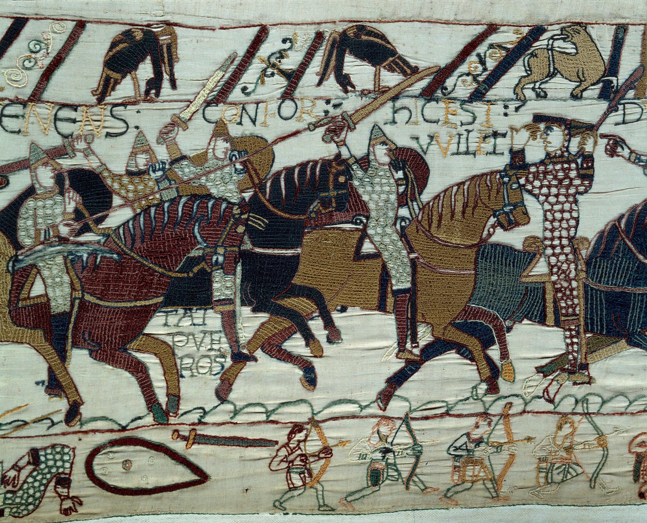 Englands erobring af hæren af hertugen af Normandiet Vilhelm Erobreren (1027-1087): Hertug Guillaume genkendes af sine soldater ved at løfte sin hjelm under slaget ved Hastings. Detail of the Tapestry of Bayeux eller Broderi af Dronning Mathild af Unknown artist
