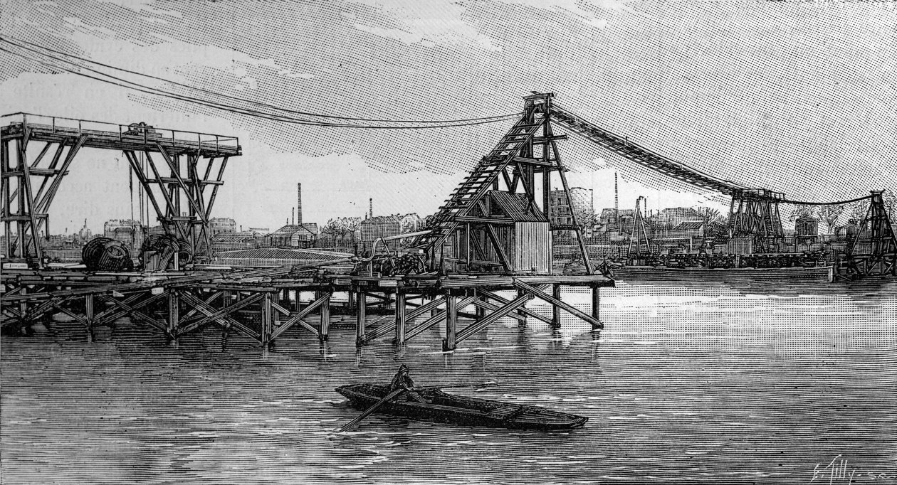 Konstruktionen af Mirabeau-broen i Paris (1893): sluserne ligner fundamenter (fra et fotografi). Indgravering i "" La Nature: revue des sciences et de leurs applications aux arts et a l